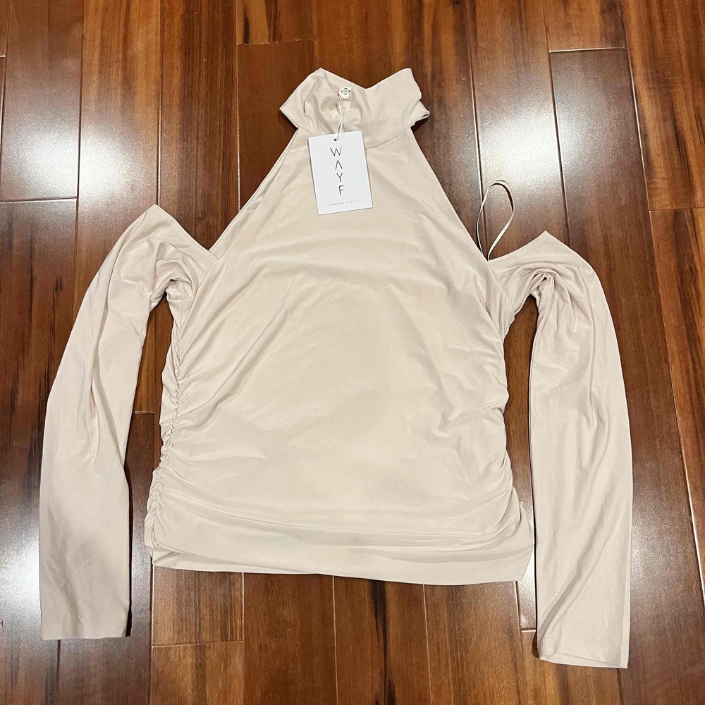 Wayf Long Sleeve Top Blush Beige Pink Cutout Halter Blouse Mockneck New Sz Small